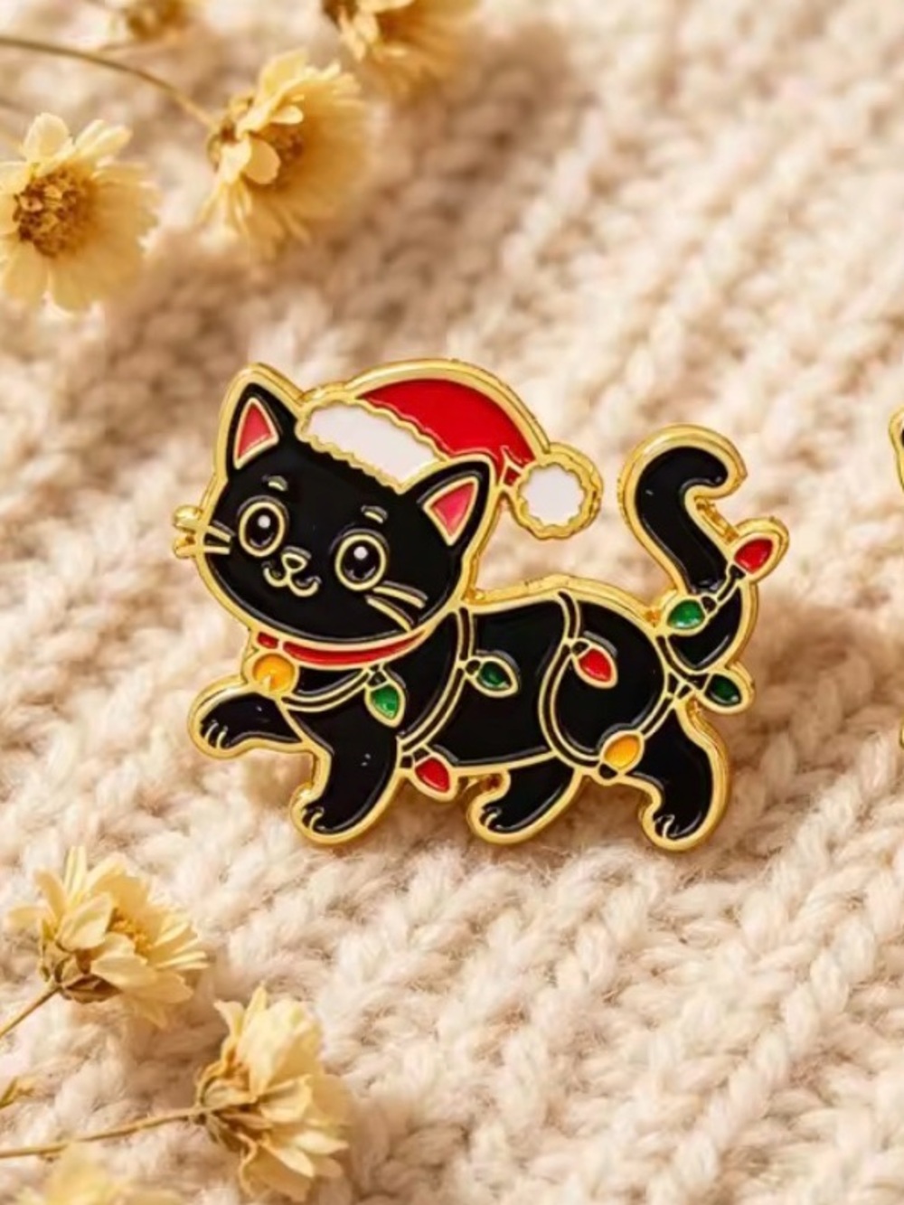 Metal & Enamel Christmas Black Cat Pin w/Butterfly Clasp